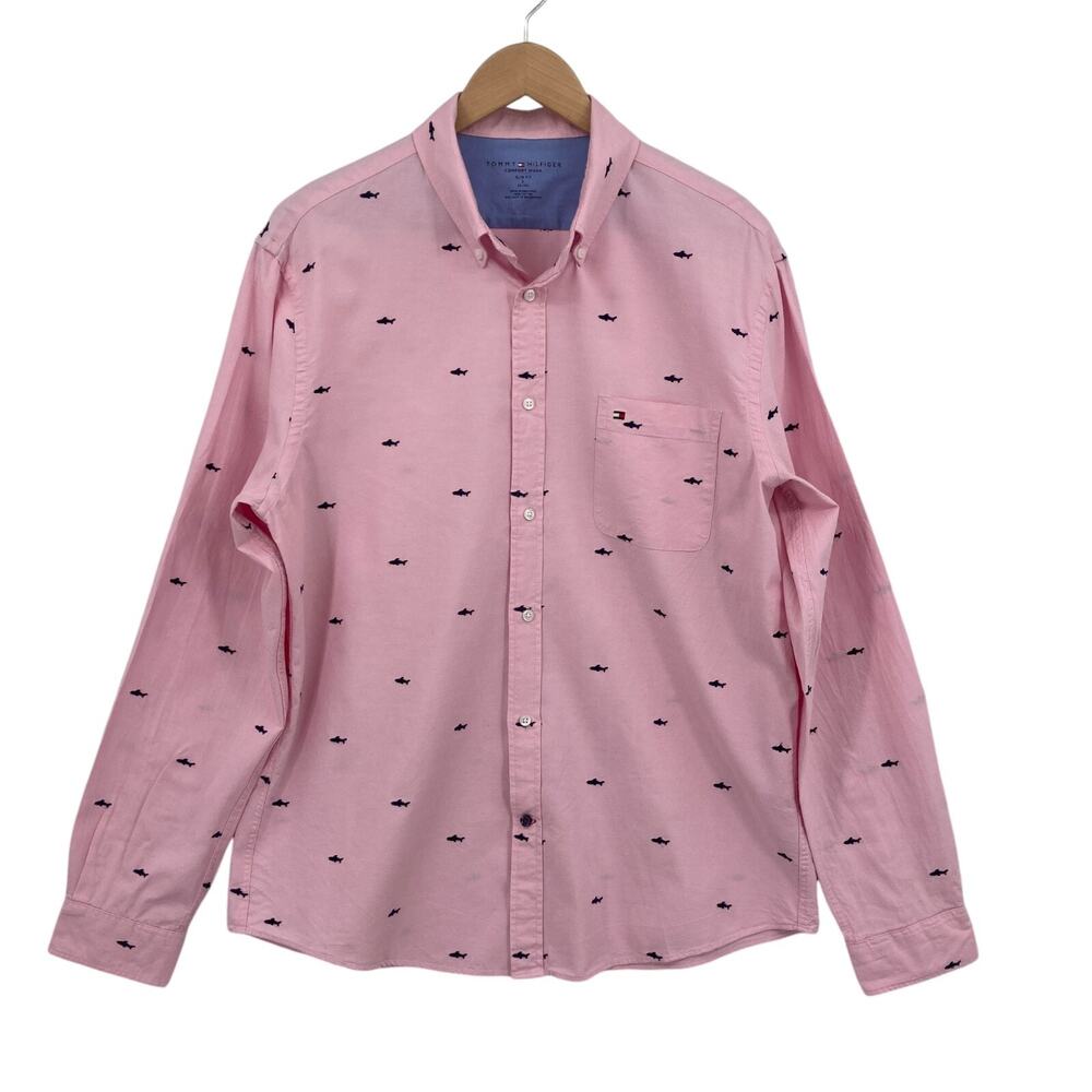 Tommy Hilfiger Pink Shirt Mens Large Shark Embroidered Slim Fit Button Down